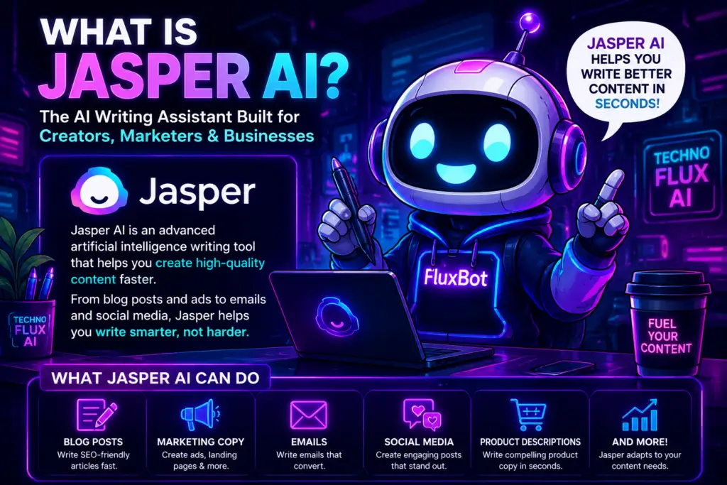 FluxBot cartoon comparing Jasper AI alternatives in a futuristic neon cyberpunk workspace filled with glowing AI dashboards, writing tools, and content creation interfaces.
