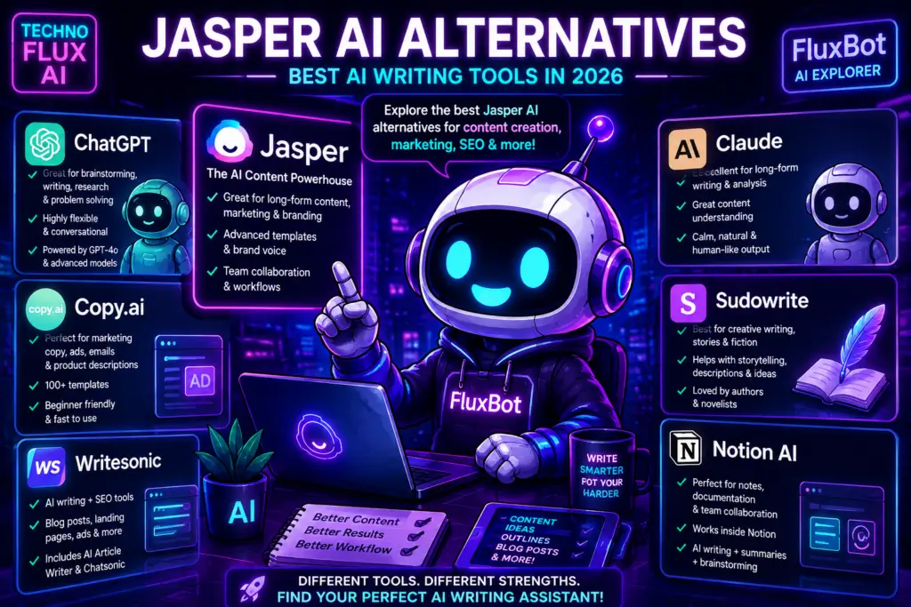 FluxBot cartoon surrounded by popular Jasper AI alternatives including ChatGPT, Claude, Copy.ai, Writesonic, Sudowrite, and Notion AI in a futuristic neon cyberpunk workspace.