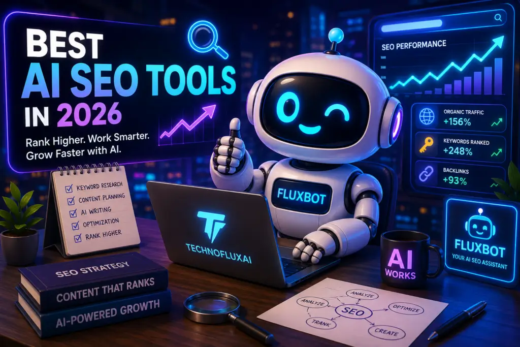 FluxBot cartoon using futuristic AI SEO tools on a glowing neon workstation to improve rankings, keyword research, optimization, and organic traffic growth in 2026.