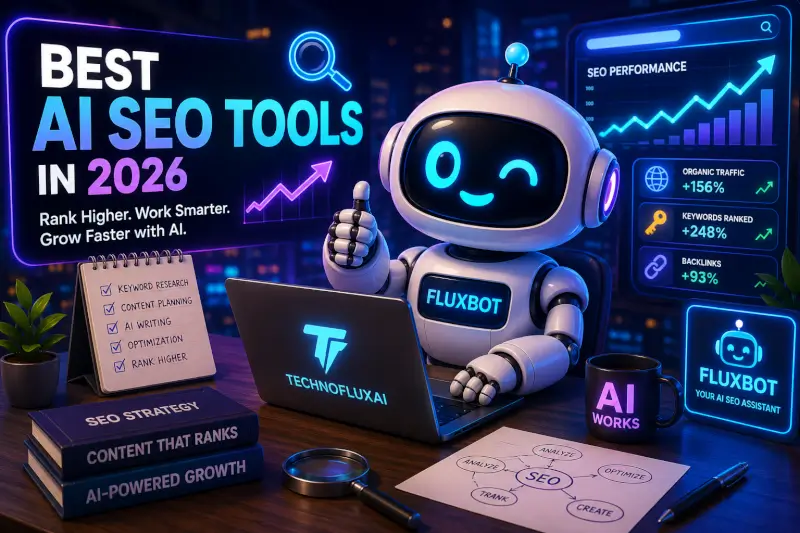 FluxBot cartoon using futuristic AI SEO tools on a glowing neon workstation to improve rankings, keyword research, optimization, and organic traffic growth in 2026.