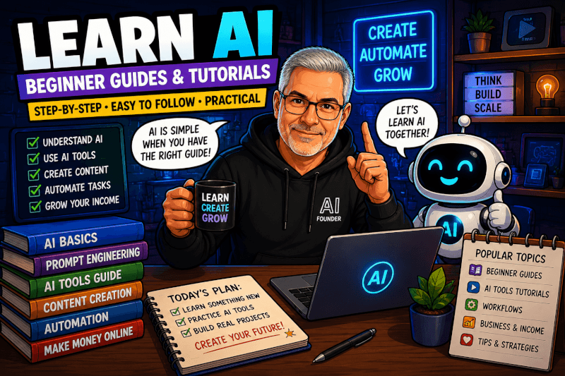 Cartoon Learn AI tutorial workspace showing beginner AI guides, prompt engineering, automation, and AI tools education for creators and businesses