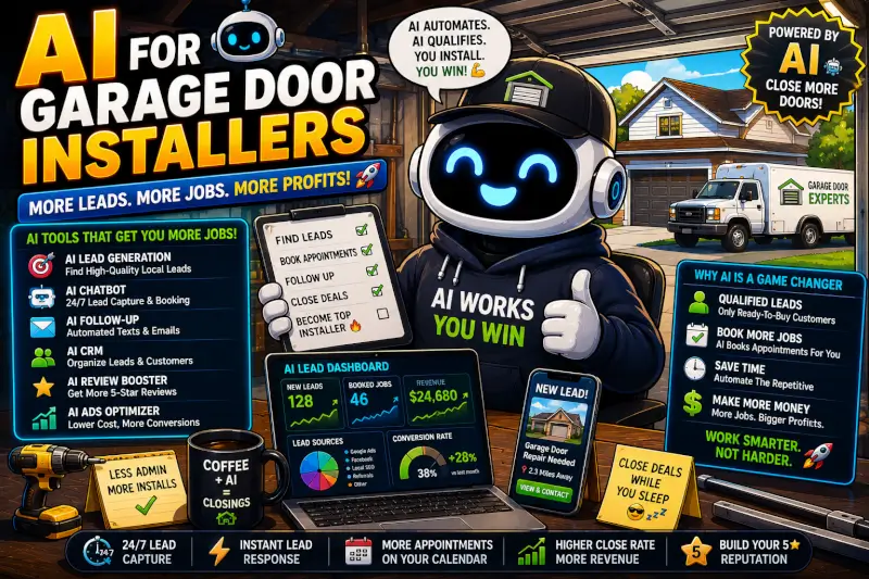 Funny cartoon AI tools for garage door installers featuring automation, lead generation, CRM systems, scheduling tools, and local service business growth in 2026