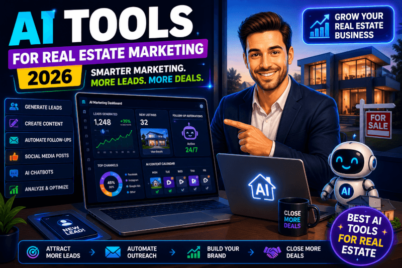 AI tools for real estate marketing dashboard showing lead generation, automation, AI chatbots, content creation, and real estate business growth systems