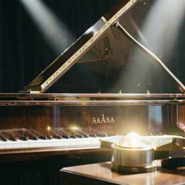 Grand piano glowing beneath golden light inside the ruined concert halls of Arculese