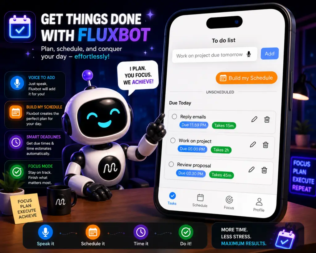 Fluxbot productivity assistant cartoon showing AI-powered task management, smart scheduling, voice-to-task features, deadline tracking, and focus mode inside a futuristic productivity app interface.