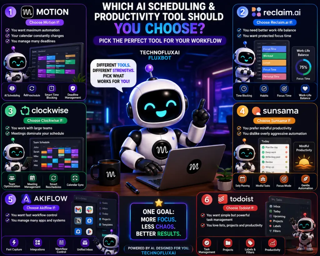Fluxbot AI scheduling tools comparison infographic featuring Motion, Reclaim.ai, Clockwise, Sunsama, Akiflow, and Todoist productivity platforms with workflow automation and smart calendar management features.