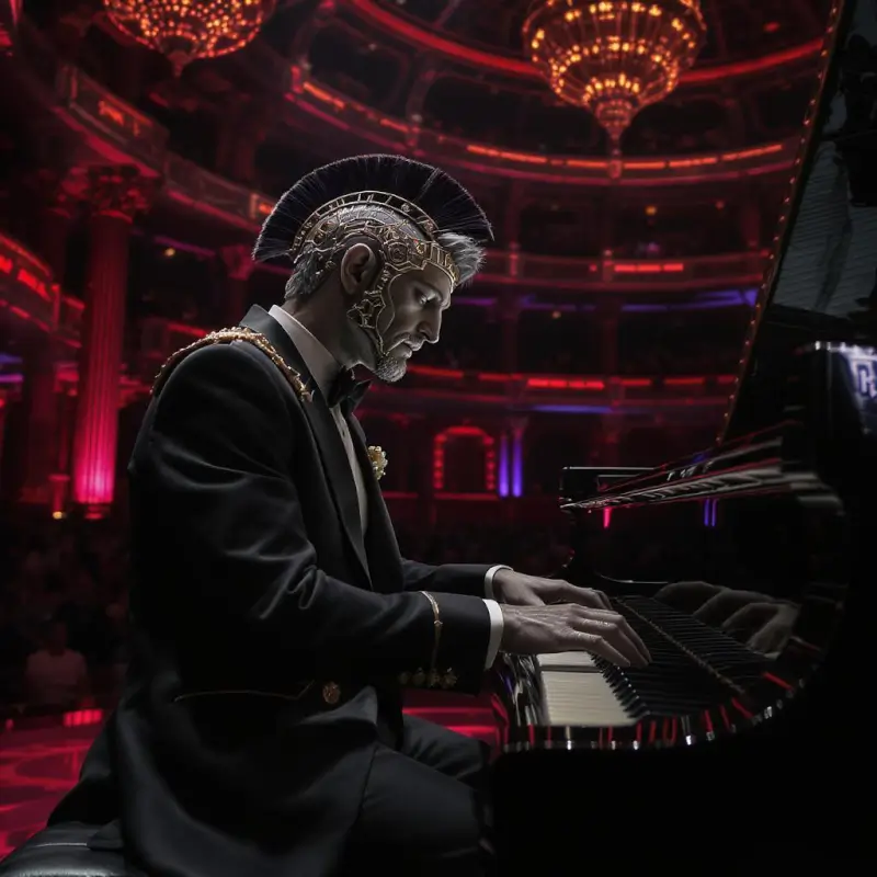 Dark fantasy piano performance featuring Romulus Harmonius in futuristic Roman-inspired attire.