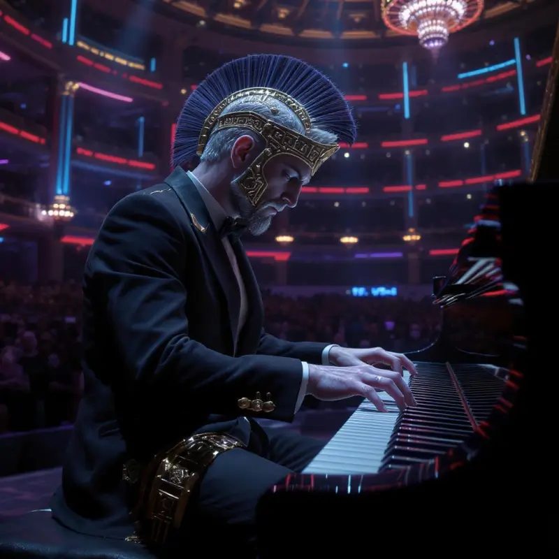 Romulus Harmonius performing emotional AI-generated piano music in a fantasy concert hall