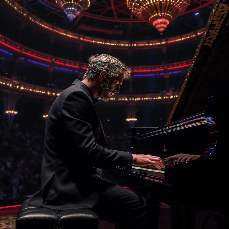 flux kontext max Romulus Harmonius legendary Roman inspired AI pianist performing on an ultra lux 3