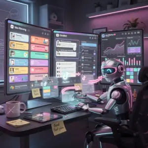 FluxBot managing AI workflow automation dashboards with productivity tools, analytics screens, content systems, and connected business apps