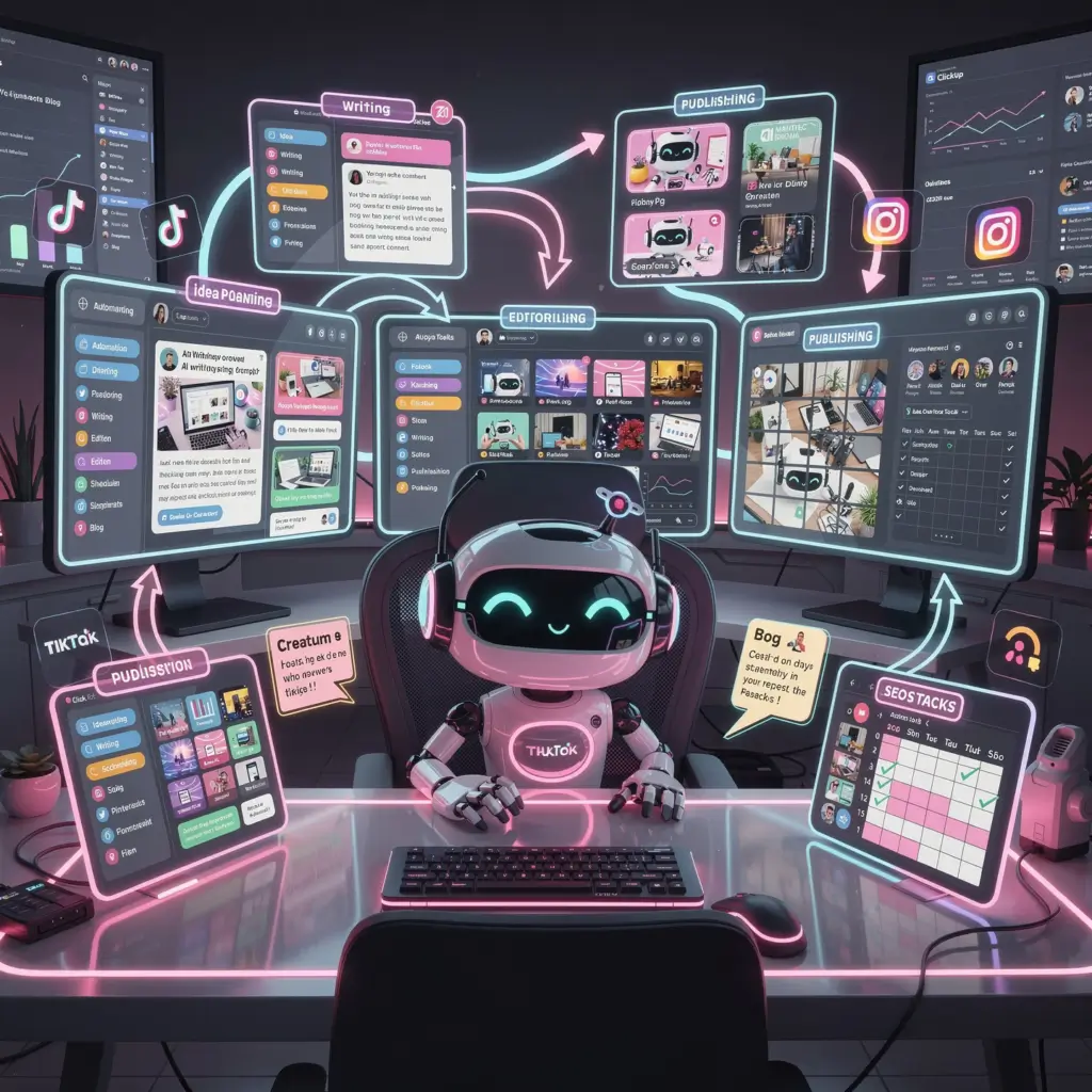 FluxBot managing AI productivity workflows with automation dashboards, content systems, analytics screens, and creator tools