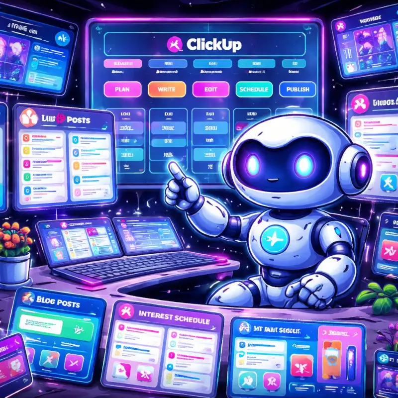FluxBot using ClickUp AI dashboards for content planning, task management, automation workflows, and creator productivity systems