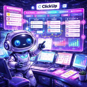 FluxBot managing a ClickUp content workflow with AI planning, task boards, content calendars, automation tools, and creator productivity dashboards
