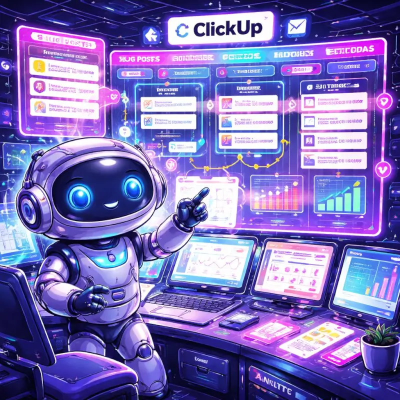 FluxBot managing a ClickUp content workflow with AI planning, task boards, content calendars, automation tools, and creator productivity dashboards