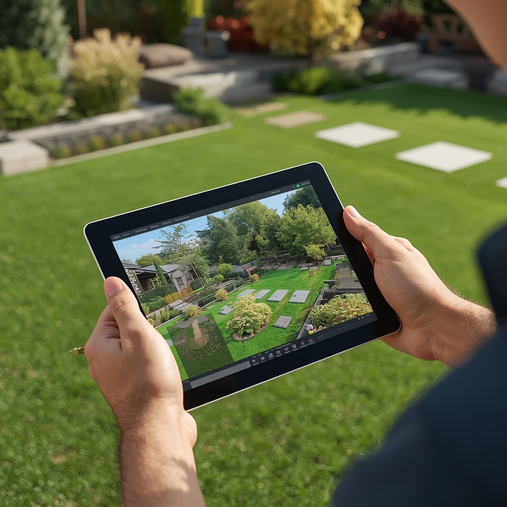 lucid-origin-landscaper-designing-yard-with-tablet-showing-AI-generated-landscape-plans-green-3