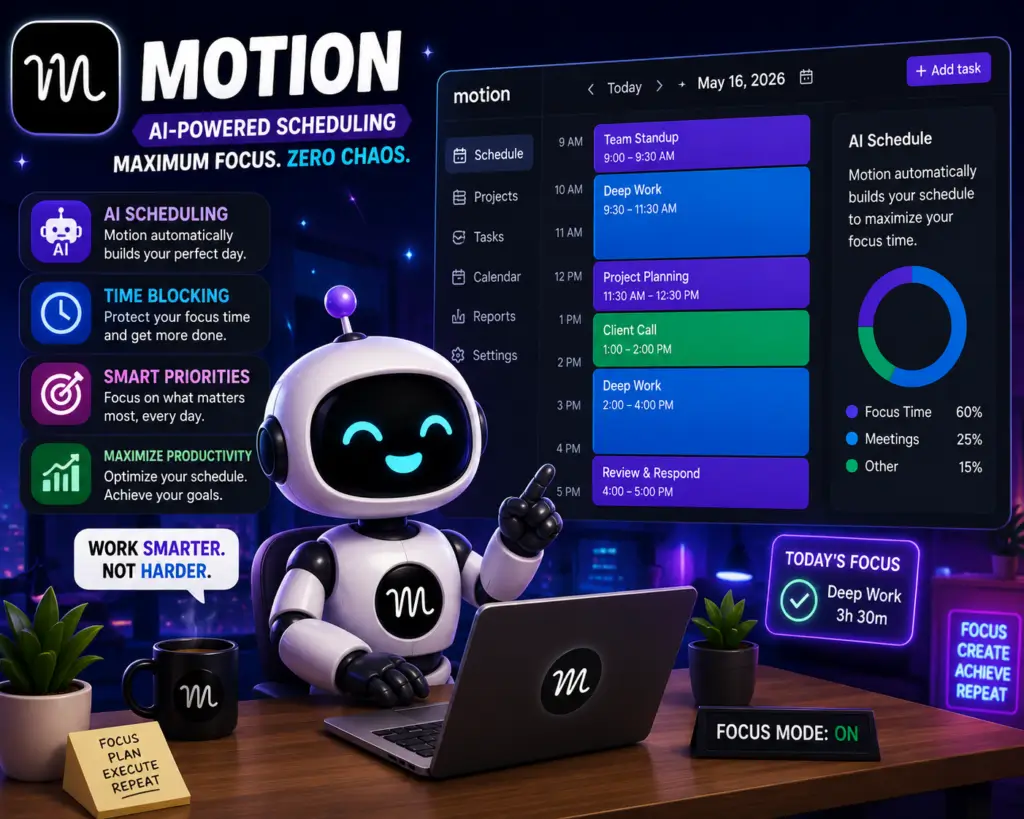 Motion Fluxbot cartoon featured image showing AI-powered scheduling, smart calendar automation, productivity dashboards, and workflow optimization tools in a futuristic workspace.
