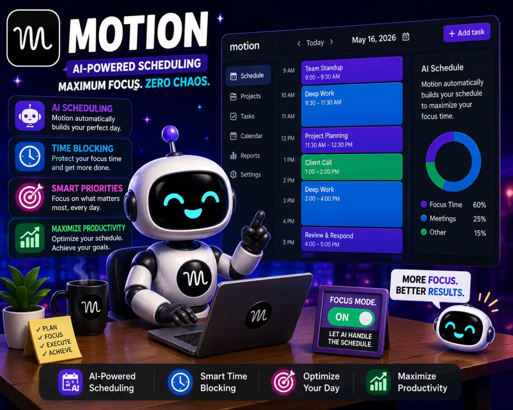 Motion Fluxbot cartoon image featuring AI-powered scheduling, smart productivity workflows, time blocking tools, and futuristic calendar automation dashboards.