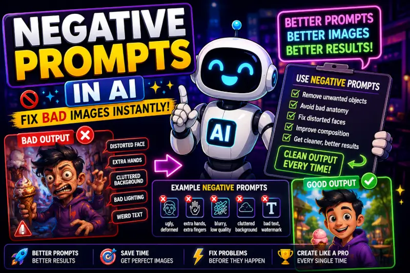 Cartoon AI negative prompts tutorial showing how to fix distorted AI images, improve image quality, and create cleaner AI art results