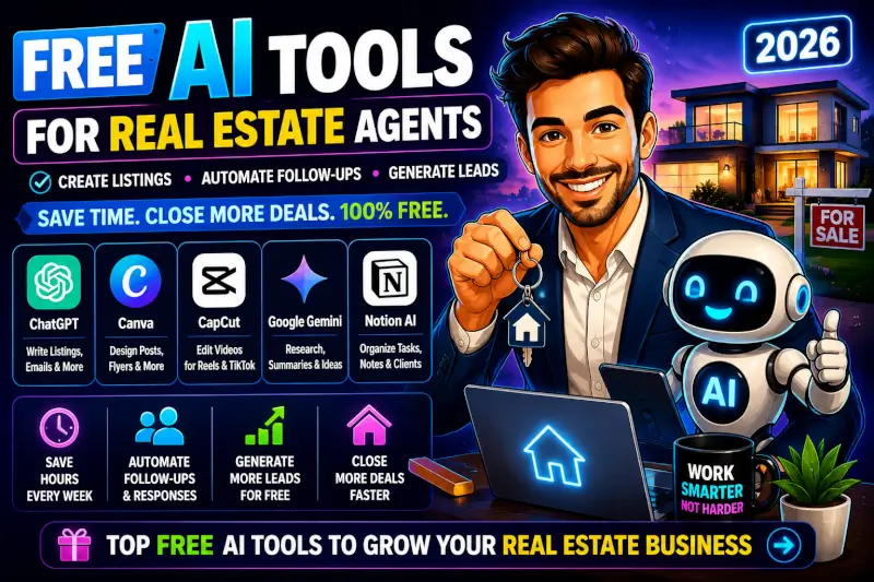 Free AI tools for real estate agents showing AI content creation, automation, lead generation, social media marketing, and real estate business growth tools