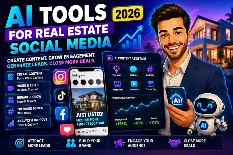 AI tools for real estate social media showing Instagram, TikTok, AI content creation, lead generation, and automation tools for real estate agents