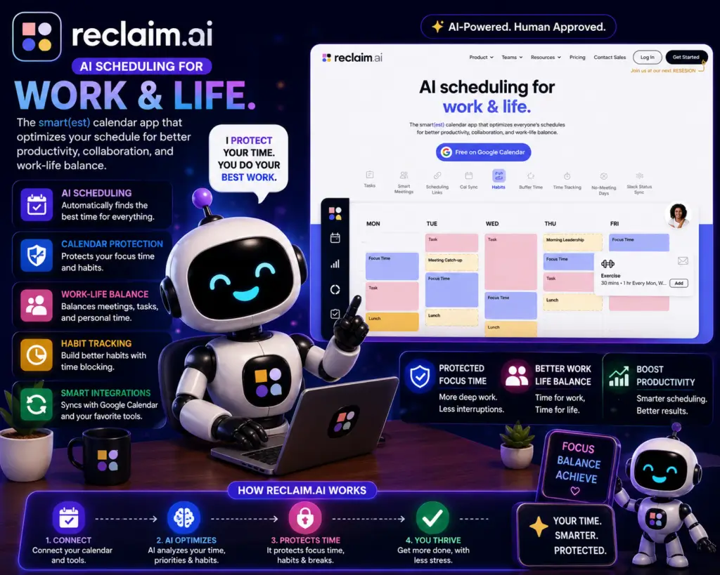 Reclaim.ai Fluxbot cartoon featured image showing AI-powered scheduling, calendar protection, work-life balance tools, focus time management, and smart productivity automation dashboards.