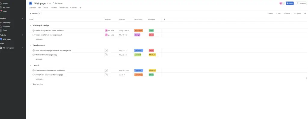 “Asana project management dashboard with task workflow interface”