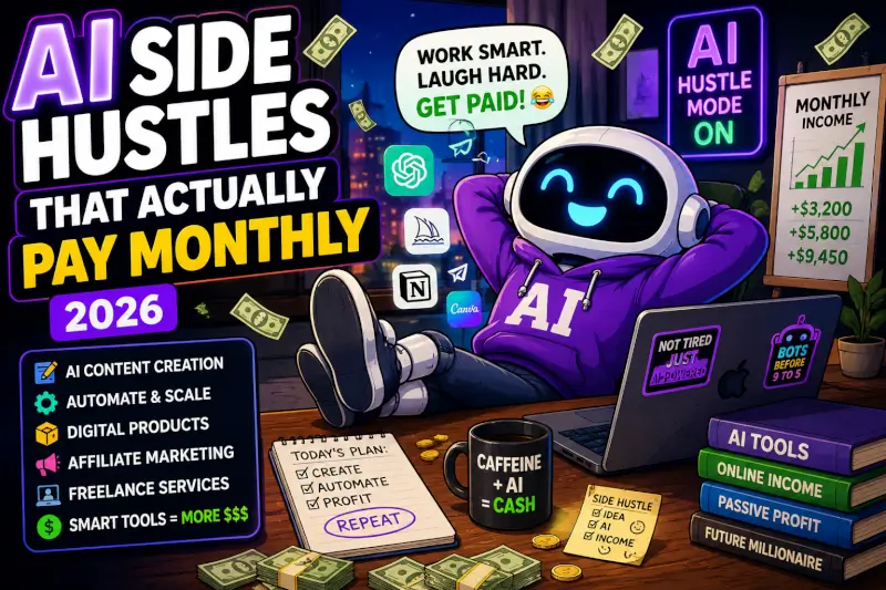 Funny cartoon AI side hustles workspace showing automation, affiliate marketing, AI tools, passive income, and online business growth
