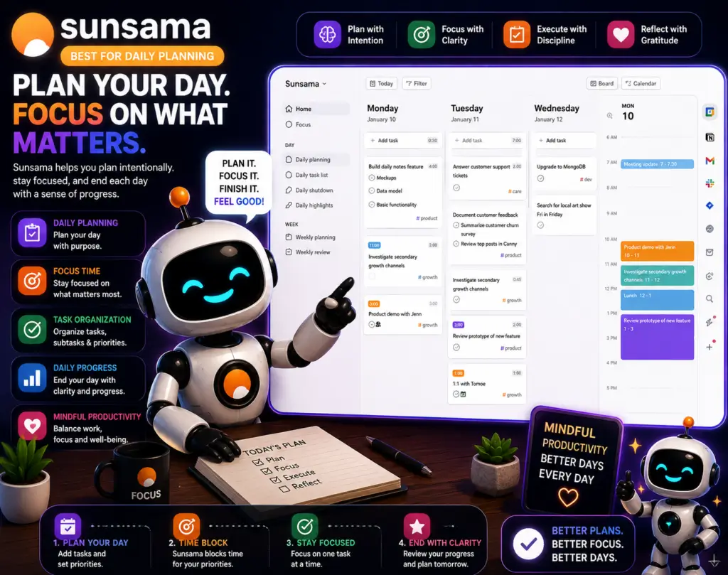 Sunsama Fluxbot cartoon featured image showing mindful productivity planning, daily scheduling dashboards, focus workflows, and organized calendar management tools in a futuristic workspace.