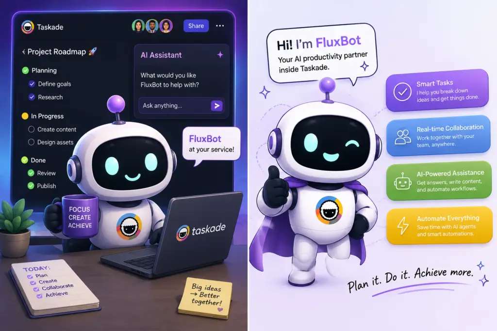 FluxBot cartoon character using Taskade AI on a laptop with a productivity dashboard showing task management, AI assistant tools, and workflow planning.