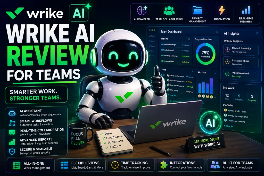 FluxBot reviewing Wrike AI team management tools with project dashboards, workflow automation, collaboration systems, and productivity analytics