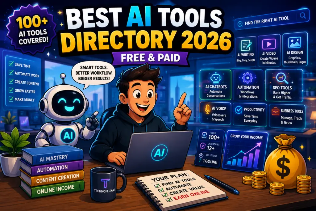 Cartoon AI tools directory illustration showing AI writing, video, automation, SEO, chatbot, and business tools for creators and online businesses