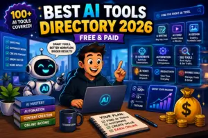 Cartoon AI tools directory illustration showing AI writing, video, automation, SEO, chatbot, and business tools for creators and online businesses