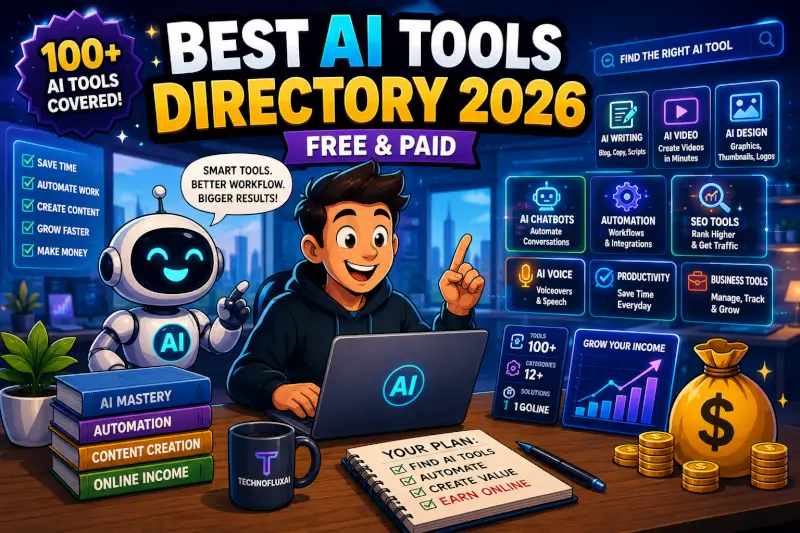 Cartoon AI tools directory illustration showing AI writing, video, automation, SEO, chatbot, and business tools for creators and online businesses
