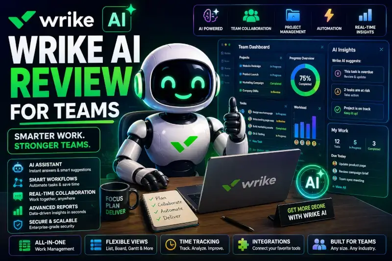 FluxBot reviewing Wrike AI team management tools with project dashboards, workflow automation, collaboration systems, and productivity analytics