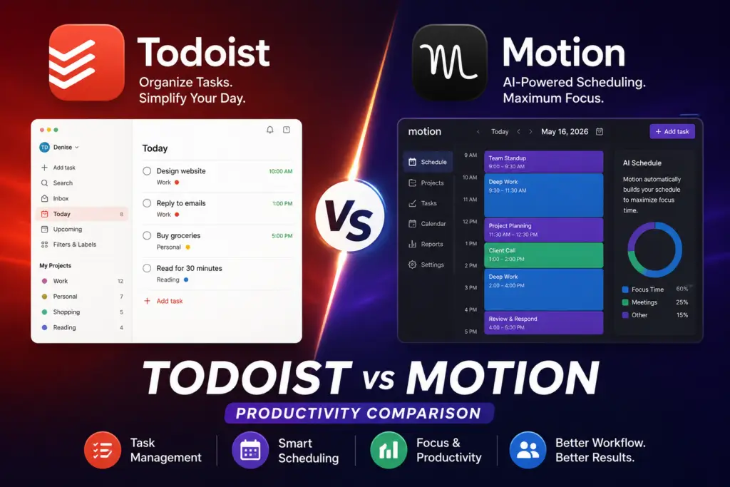 Todoist vs Motion productivity comparison image showing Todoist task management dashboard versus Motion AI scheduling calendar for workflow and productivity optimization in 2026.