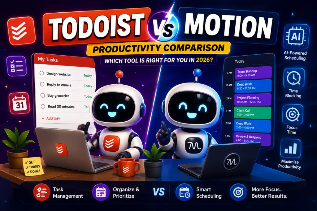 Todoist vs Motion cartoon productivity comparison featuring Fluxbot robots using AI scheduling, task management, workflow automation, and productivity tools in 2026.