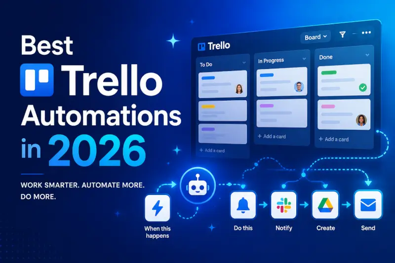 Best Trello Automations in 2026 featured image showing futuristic Trello workflow boards, automation icons, and AI productivity integrations for task management and team collaboration.