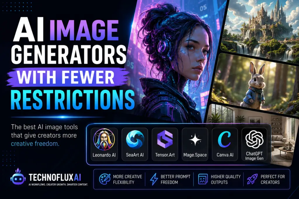 Futuristic AI image generator comparison graphic showing cyberpunk-style AI art, fantasy landscapes, realistic animal characters, and creator-focused AI tools including Leonardo AI, SeaArt AI, Tensor.Art, Mage.Space, Canva AI, and ChatGPT Image Generation in a neon blue and purple TechnofluxAI design.