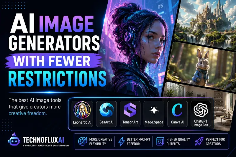 Futuristic AI image generator comparison graphic showing cyberpunk-style AI art, fantasy landscapes, realistic animal characters, and creator-focused AI tools including Leonardo AI, SeaArt AI, Tensor.Art, Mage.Space, Canva AI, and ChatGPT Image Generation in a neon blue and purple TechnofluxAI design.