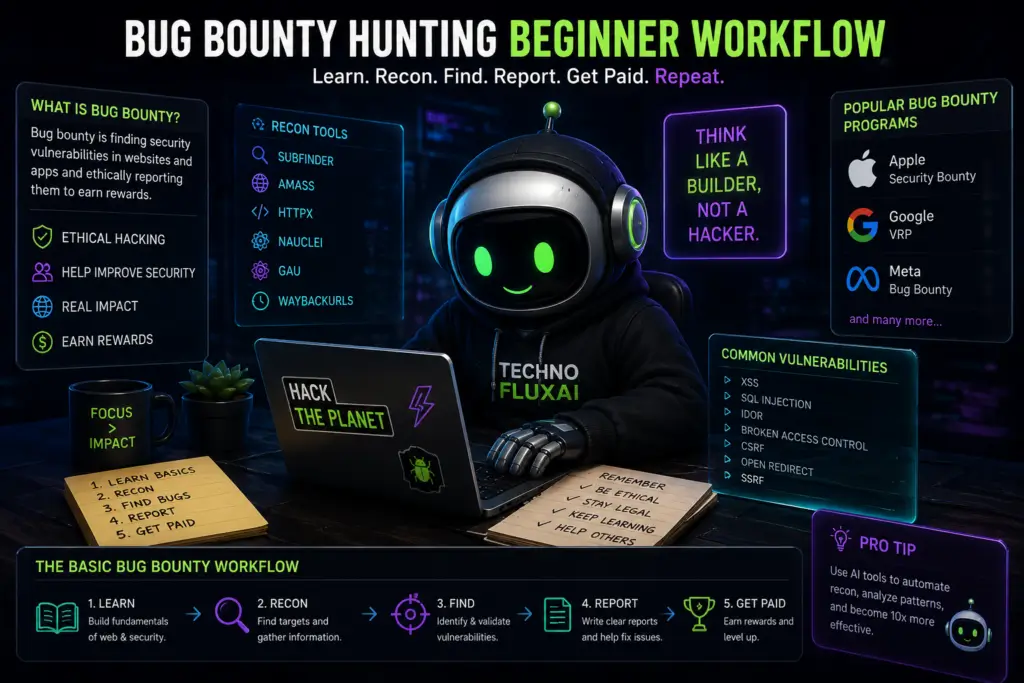 Futuristic FluxBot bug bounty workflow illustration showing beginner ethical hacking tools, recon systems, AI-powered cybersecurity learning, and common web vulnerabilities inside a neon cyber workspace.