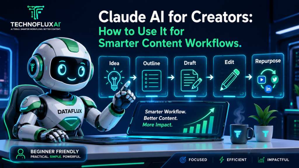 DataFlux explaining a seven-step Claude AI workflow for creators from goal setting to content repurposing.