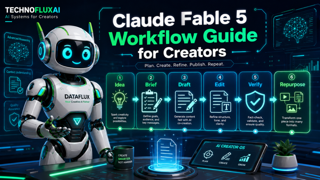 DataFlux showing a Claude Fable 5 creator workflow with steps for idea, brief, draft, edit, verify, and repurpose.