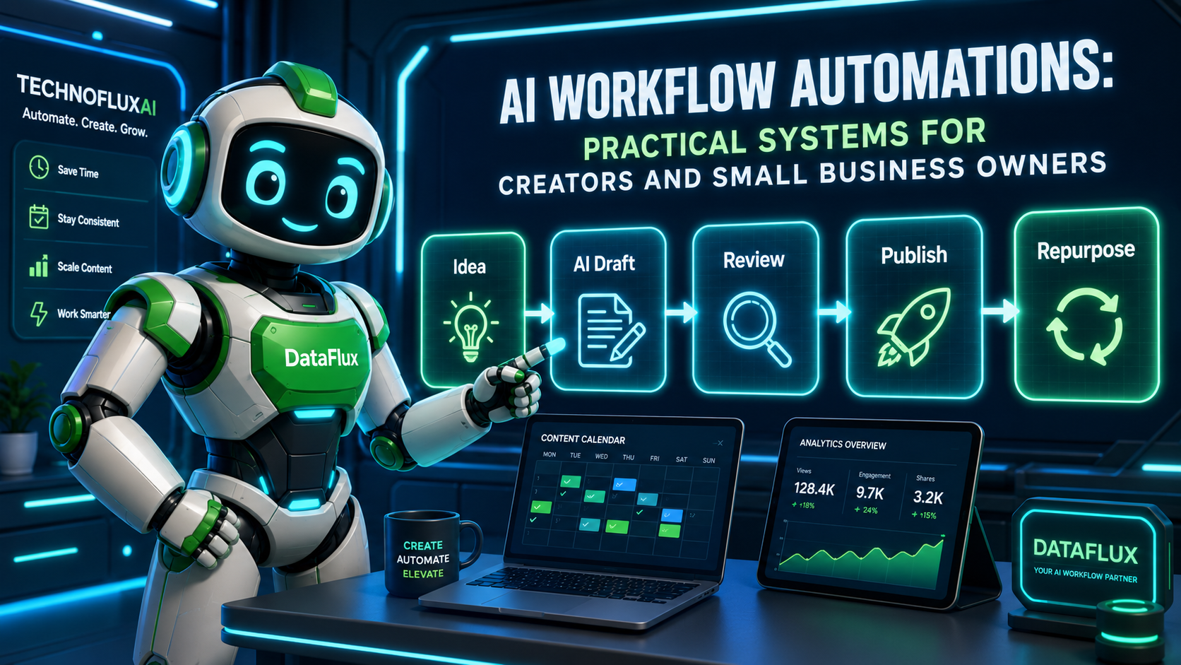 Five-step AI workflow automation diagram showing pick task, map steps, add AI, human review, and improve.