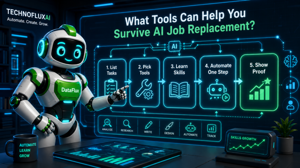DataFlux explaining a five-step AI job survival workflow with steps for tasks, tools, skills, automation, and proof.