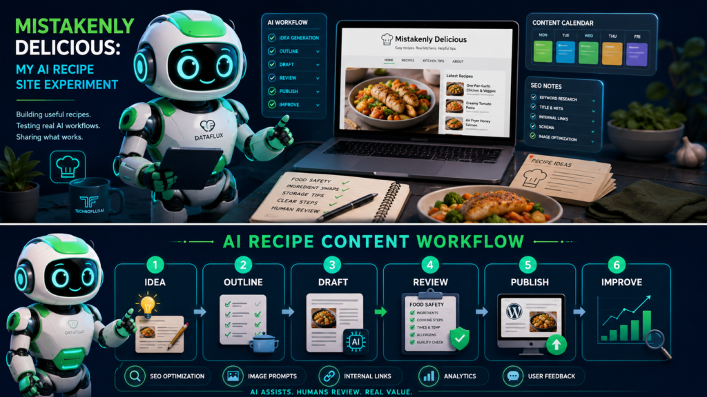 DataFlux showing a six-step AI recipe content workflow from idea to improvement.