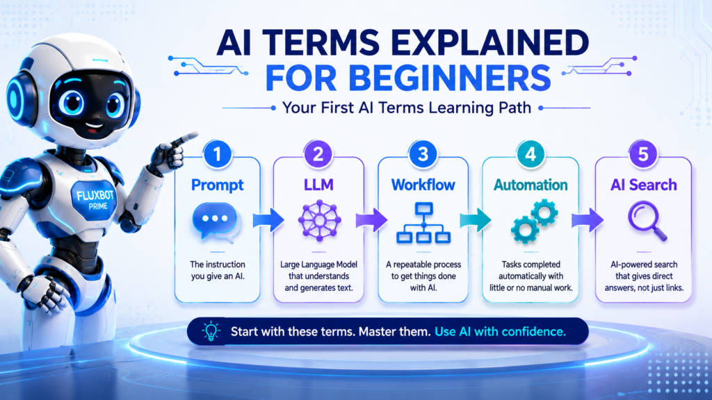 Simple AI learning path showing prompt, LLM, workflow, automation, and AI search.
