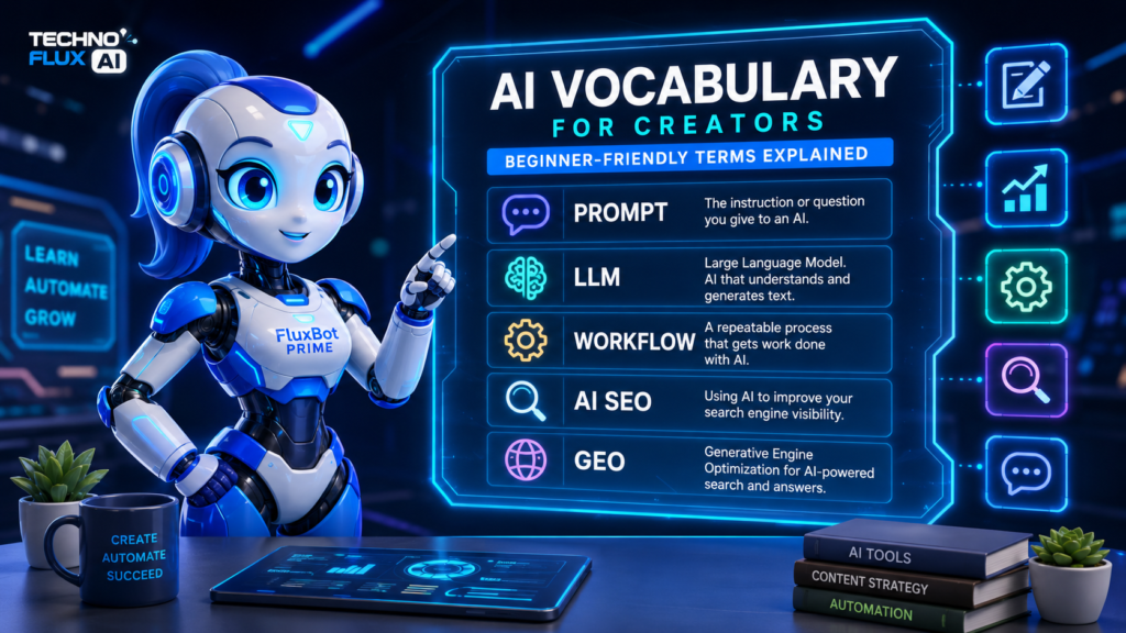 DataFlux showing how AI vocabulary connects to prompts, context, workflows, and verification in a creator content process.