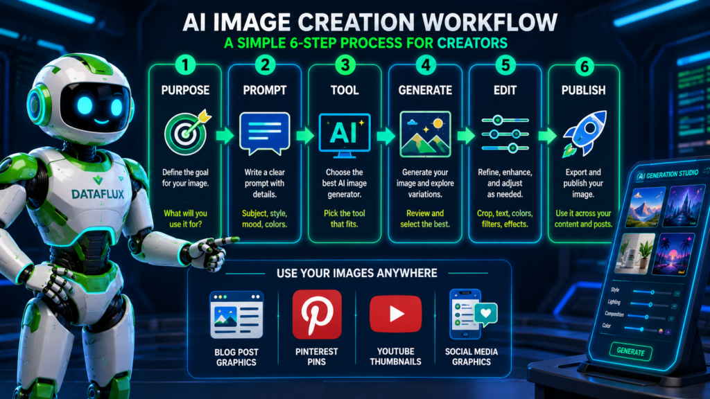 DataFlux showing a six-step AI image creation workflow for creators