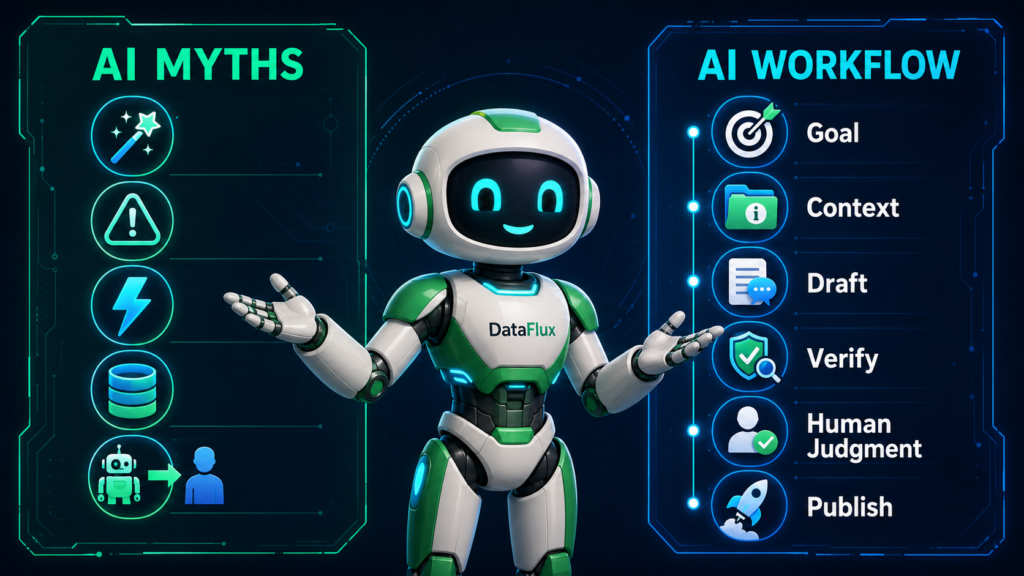 DataFlux showing the difference between common AI myths and a practical AI workflow for beginners.