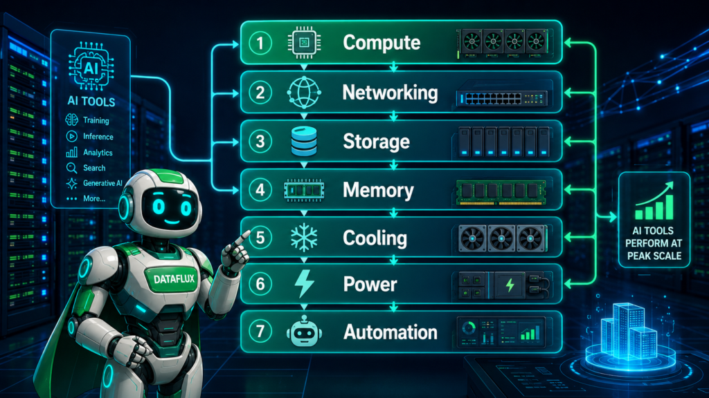 DataFlux explaining the AI data center stack with layers for compute, networking, storage, memory, cooling, power, and automation.